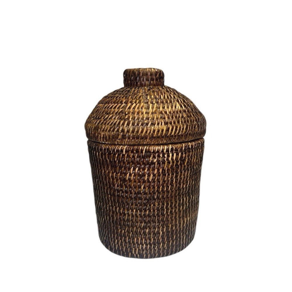VTG Rattan Wicker Lidded Basket Ginger Jar Woven Coil Cane Storage‎ Vase